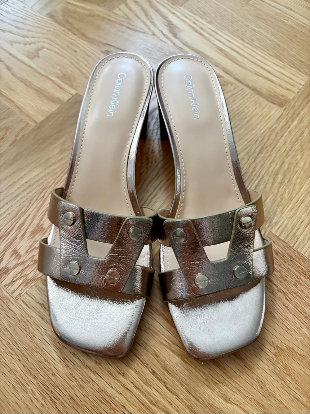 Calvin Klein Champagne Gold Stud Slide Mule Sandals